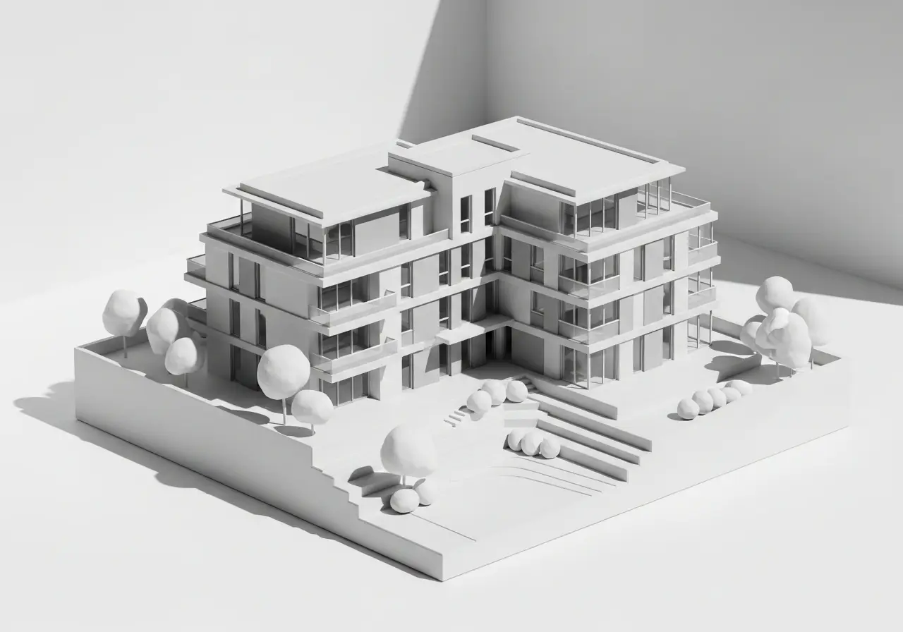 3D architectural model of a contemporary residential building
